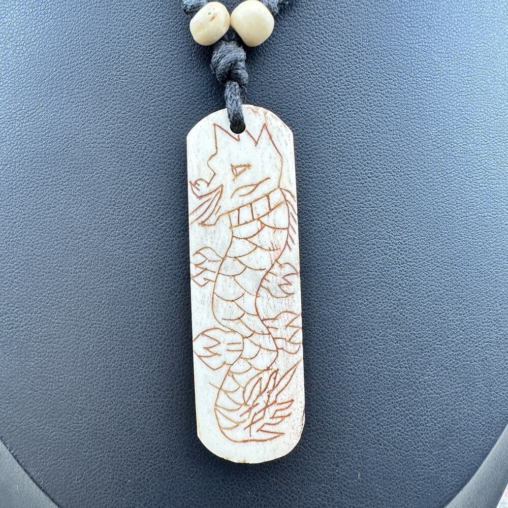 Etched Bone Sea Dragon Pendant Necklace Cord Naga Water Serpent Myth Beach Asia